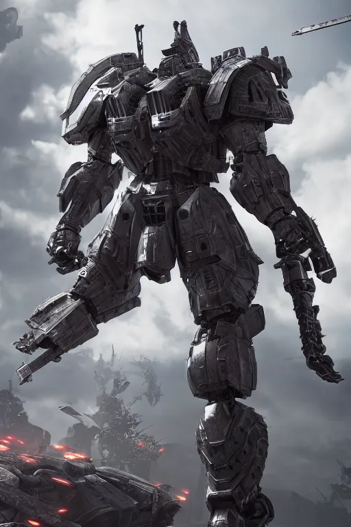 Prompt: hyper detailed cinematic rendering, full body heavy armor armored core, hyper detailed, 8 k, octane render, unreal engine, ray tracing