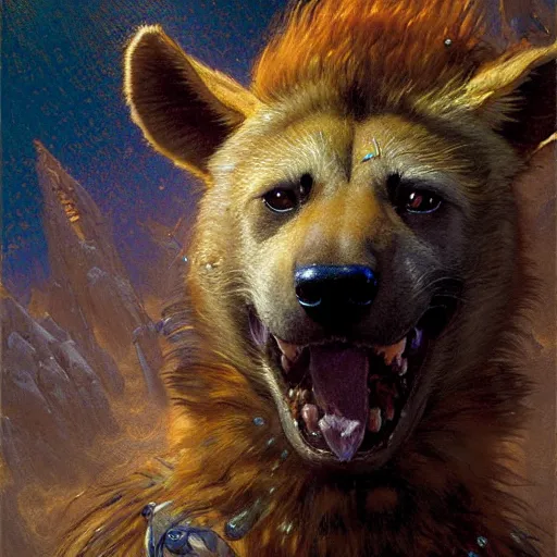 Prompt: portrait of a shepard dogman canine hyena dragon. shadowrun scifi fantasy d & d painting by gaston bussiere craig mullins jc leyendecker gustav klimt artgerm greg rutkowski john berkey, bergey, craig mullins, ruan jia, raymond swanland, jeremy mann, beksinski, jack kirby, tom lovell, alex malveda