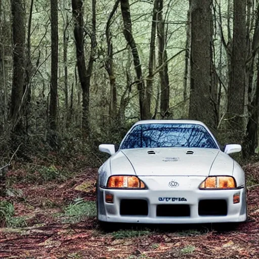 Image similar to an abandoned toyota supra mk 4 in the woods
