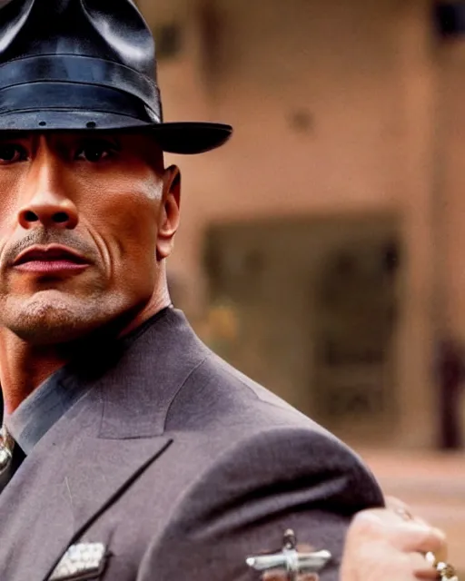 Image similar to film still close up shot of dwayne johnson as inspector clouseau from the movie the pink panther. photographic, photography