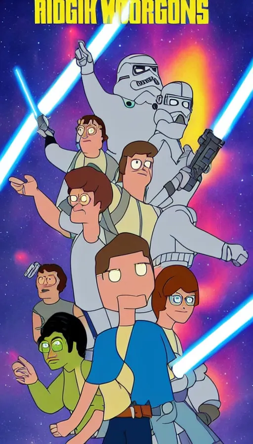 Image similar to movie poster bobs burger cast in star wars, highly detailed, hyper realistic, large text, bright colours