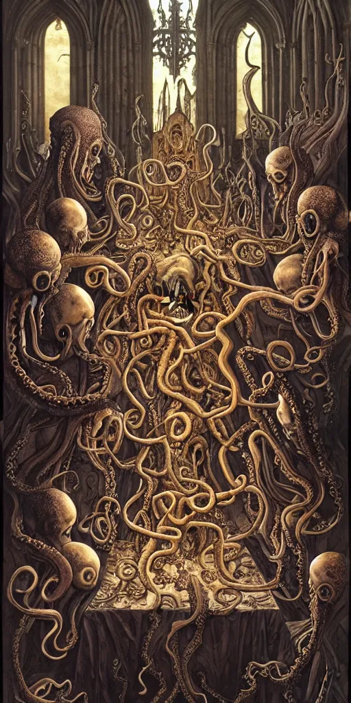 Image similar to group of mages with human bodies and octopus heads sitting near the table with magical artifacts in an ancient mage castle with enormous scale, gothic and baroque, brutalist architecture, ultradetailed, Intricate by John Howe and Josan Gonzalez and James Jean and Giuseppe Arcimboldo