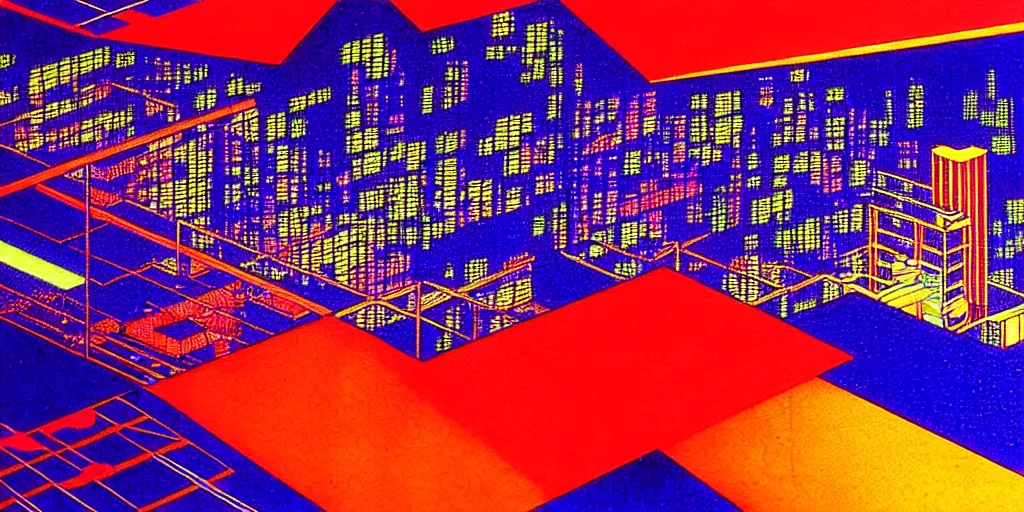 Image similar to isometric room of Manila cityscape philippines, neon lights, blade runner color palette, by Yasunari Ikenaga, Yamato, Macross