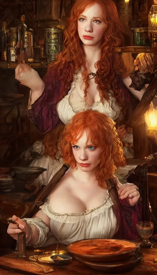 Image similar to young christina hendricks in a tavern, surprised expression on her face, she is surprised, warhammer, lord of the rings, intricate, highly detailed, digital painting, artstation, concept art, smooth, sharp focus, illustration, unreal engine 5, 8 k, art by artgerm and greg rutkowski and alphonse mucha