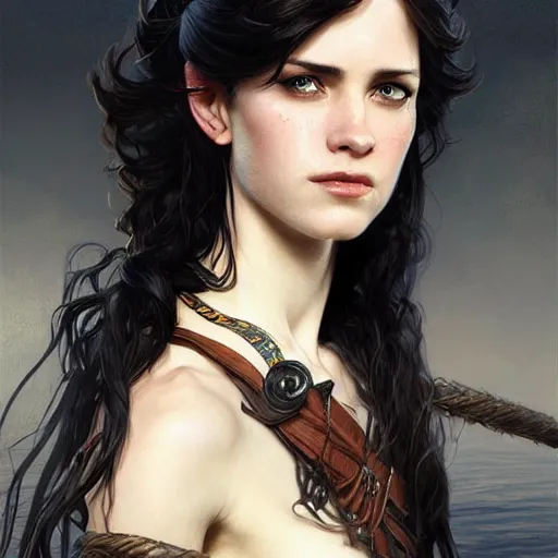 Image similar to portrait of a young ruggedly handsome but joyful pirate, female, feminine, upper body, black hair, long hair, d & d, fantasy, seductive smirk, intricate, elegant, highly detailed, digital painting, artstation, concept art, matte, sharp focus, illustration, art by artgerm and greg rutkowski and alphonse mucha