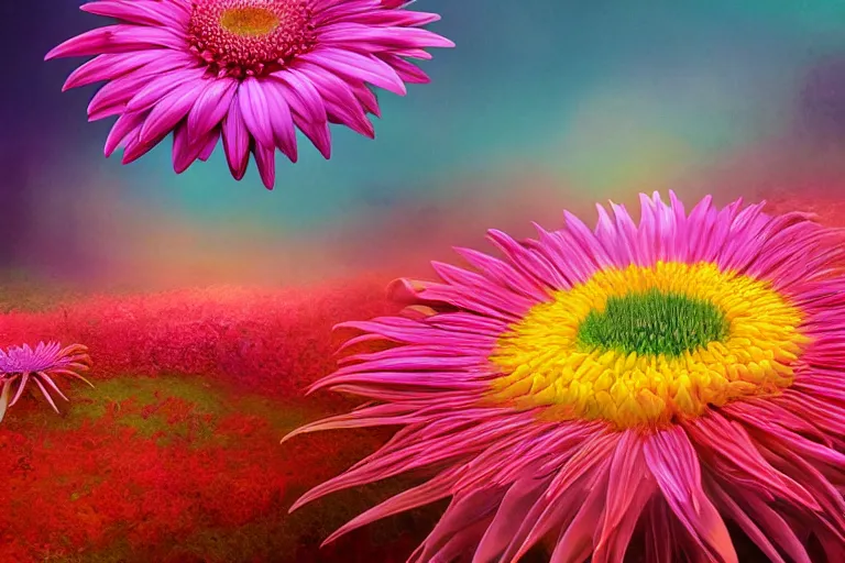 Prompt: beautiful field of giant gerber daisy flowers digital illustration by dr. seuss : 1 | vibrant, spectral color, colorful, macrophotography, surreal psychedelic megaflora forest by beeple : 1