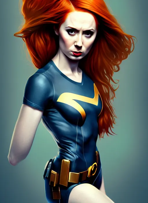 Prompt: Karen Gillan Batgirl, redhead, full body, no mask, symmetrical face symmetrical eyes, jumping from a building action pose, illustration, artstation, cinematic lighting, hyperdetailed, cgsociety, 8k, high resolution, Charlie Bowater, Tom Bagshaw, Norman Rockwell, insanely detailed and intricate