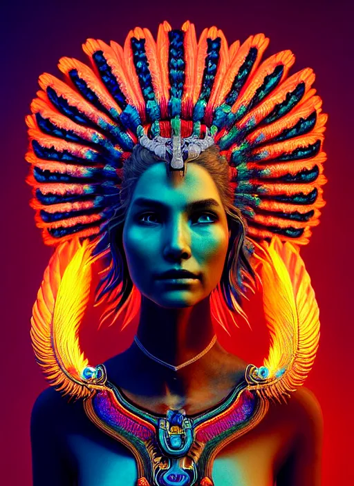 Image similar to a wlop 3 d portrait of a goddess, 8 k micro details beautiful intricate highly detailed quetzalcoatl skull and feathers. bioluminescent, fire, galaxy, artwork by tooth wu and wlop and beeple and greg rutkowski, trending on artstation,