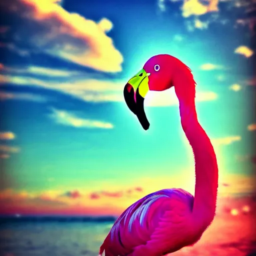 Prompt: pink flamingo on the beach under the sunset, gta artstyle, artstation, macro, highly intricate, vibrant, digital, wide shot, portrait, hd, cinematic, dramatic, ultra detailed, 8 k, 4 k