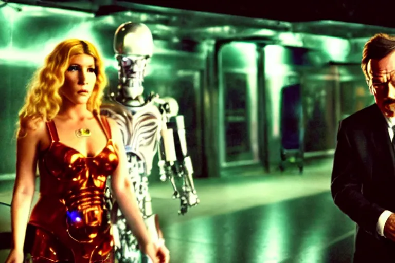 Prompt: film still of bryan cranston and kesha and a cyborg woman in cosmic horror! the musical by david cronenberg, budapest street background, 3 5 mm film, atmospheric, ultra fine detail, film grain, photorealistic, hyperrealistic dramatic lighting