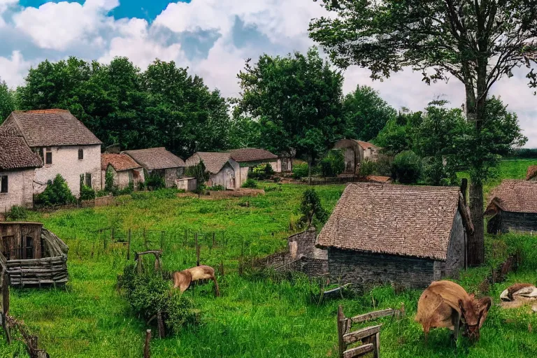 Prompt: wide shot of a rural countryside village in the style of carl valente