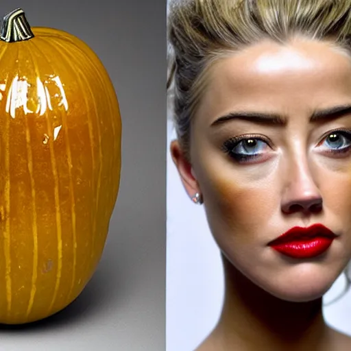 Image similar to gourd shaped like the face of amber heard hybrid intercross mix as a gourd