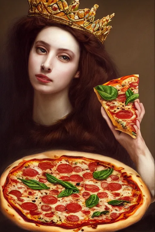 Prompt: a highly detailed queen margherita ( savoy ) eating!!! a pizza! margherita, full body, detailed painting by arturo faldi, trending on deviantart, octane, masterpiece