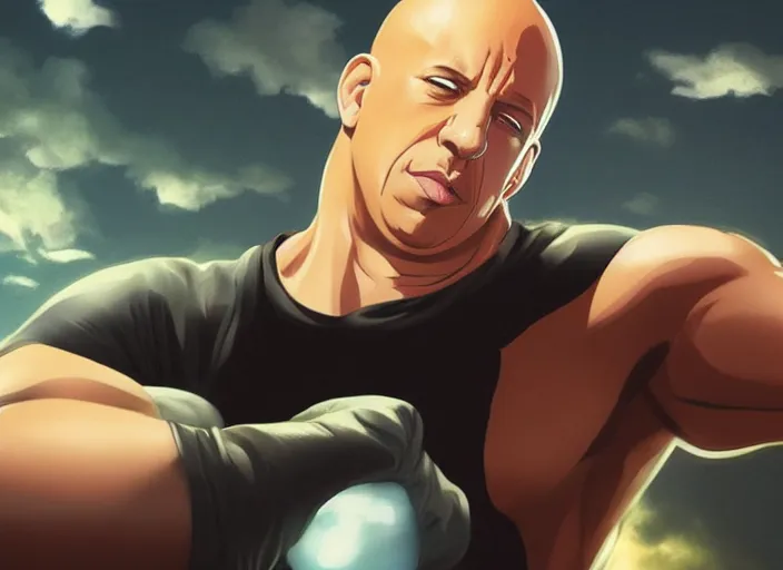 Image similar to vin diesel as saitama!!! punching a car, hyperrealism, trending on artstation