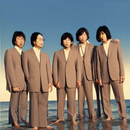 Image similar to five japanese men wearing beige suits and blue jeans standing in the ocean, sunset, night, wide shot, ((yellow magic orchestra)), ((tatsuro yamashita)), album cover, 1981, grammy award winning