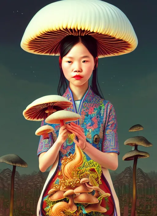 Image similar to yunnan girl with mushroom : : by martine johanna and simon stalenhag and chie yoshii and casey weldon and wlop : : ornate, dynamic, particulate, rich colors, intricate, elegant, highly detailed, centered, artstation, smooth, sharp focus, octane render, 8 k