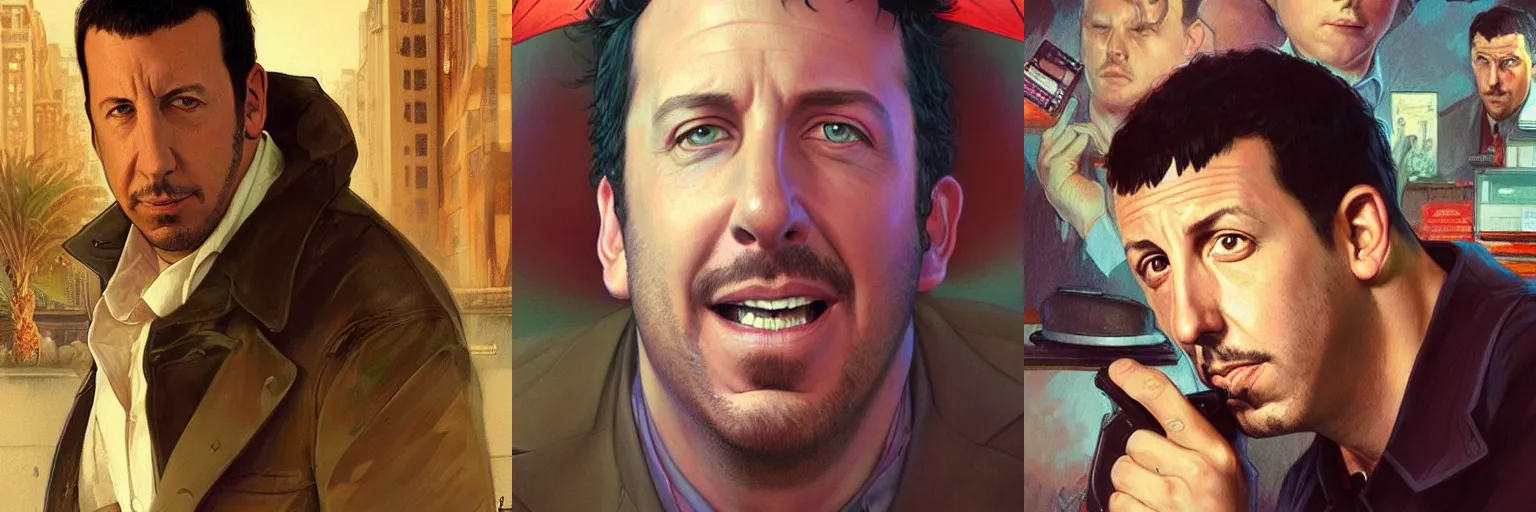 Prompt: portrait of Adam Sandler as a detective, highly detailed, digital painting, artstation, concept art, sharp focus, illustration, art by artgerm and greg rutkowski and alphonse mucha