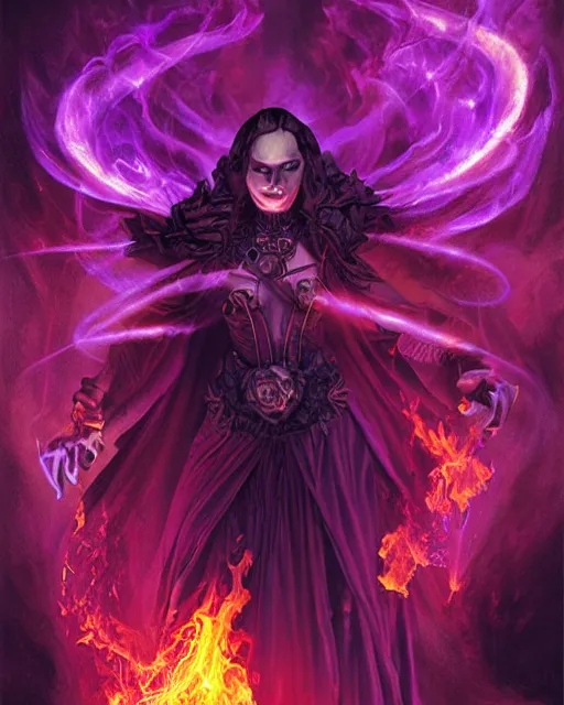 Image similar to pyromancer witch cover in purple flames, deep pyro colors, purple laser lighting, award winning photograph, radiant flares, realism, lens flare, intricate, various refining methods, micro macro autofocus, evil realm magic painting vibes, hyperrealistic painting by michael komarck - daniel dos santos