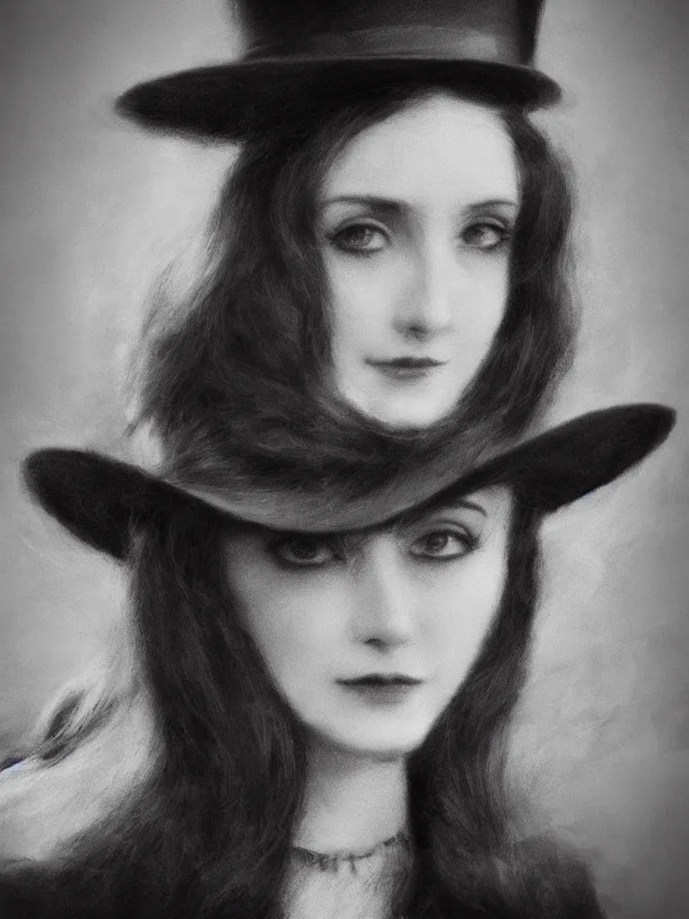 Image similar to Close up portrait of an elegant long haired lady wearing a gentleman suit and tophat in anime style, highly detailed, matte painting, noir, 70s, americana, photorealistic, ethereal ghostly atmosphere