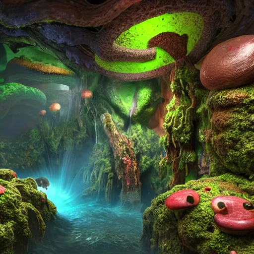 Image similar to spectral gigantic space cavern, ultra realist 3 d render curiosities carnival pond vegetation rocks mushrooms and tentacles covered moss, luminescent wisps, stunning waterfall, accurate features, focus, very intricate ultrafine details, random volumetric lighting, fog, award winning masterpiece, octane render 8 k hd, artstation