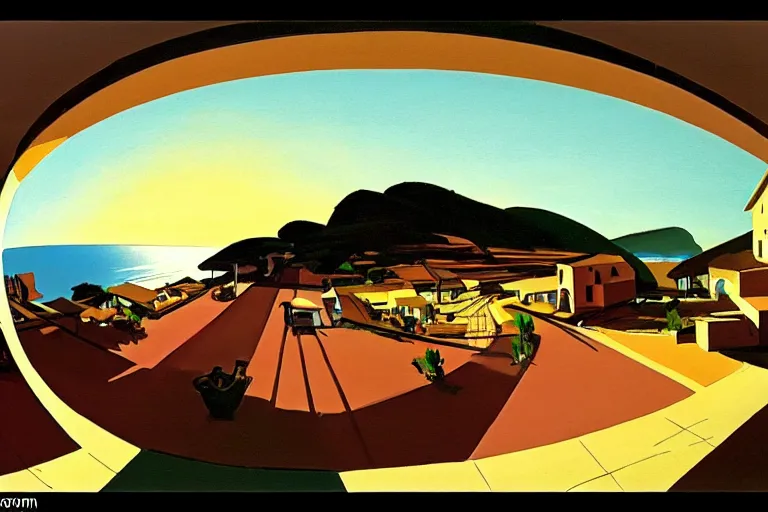 Prompt: a small village on top of a hill near the sea, painted by Syd Mead, Low key lighting, ultra detailed, 8k, fisheye