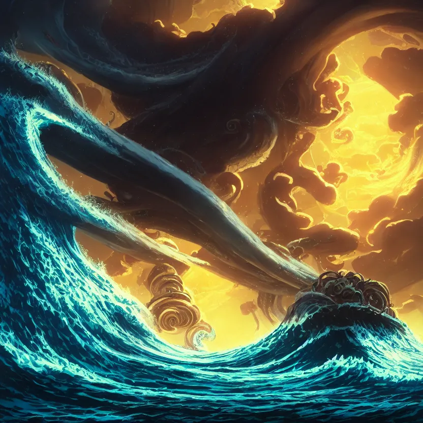 Image similar to treasure planet, kraken monster in a stormy sea with huge waves, huge tentacles, clouds, stars, rings, beautiful lighting, vivid colors, intricate, elegant, smooth, concept art, cinematic, unreal engine, wallpaper, by syd mead, terada katsuya, atey ghailan, svetlin velinov, makoto shinkai art style