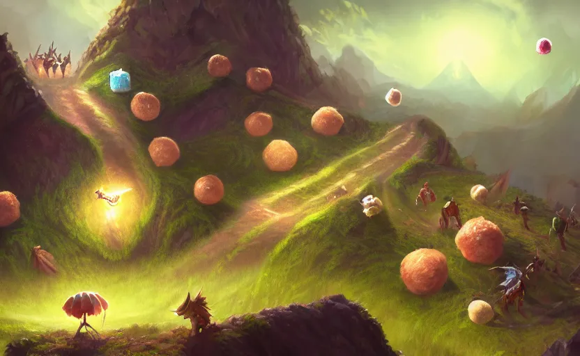 Prompt: magic : the gathering fantasy concept art of cute riceballs with excited faces bouncing down a mountain path, by marco bucci, high resolution, rice granules scattered all around, balls of rice, bouncing, fantasy coloring, intricate, digital painting, artstation, smooth, sharp focus