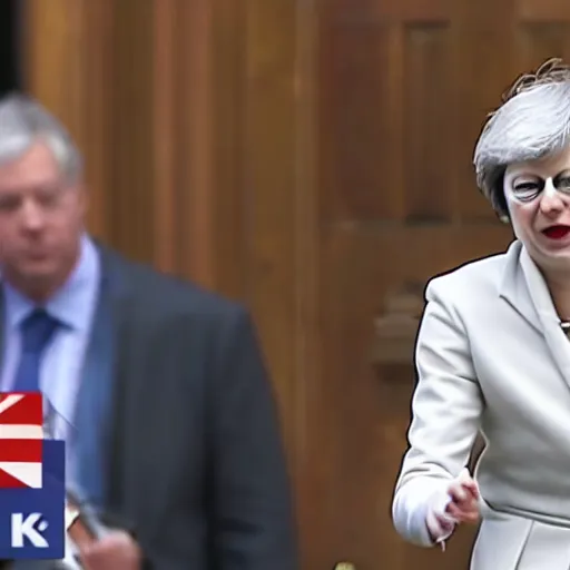 Image similar to theresa may breakdancing in front of Parliament, wide angle 4k