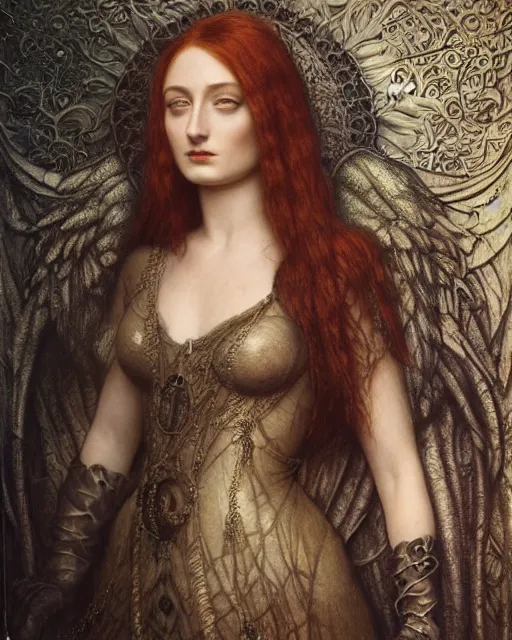 Image similar to matte painting portrait shot, beautiful sophie turner, steampunk, detailed and intricate by jean delville, gustave dore and marco mazzoni, art nouveau, symbolist, visionary, gothic, pre - raphaelite