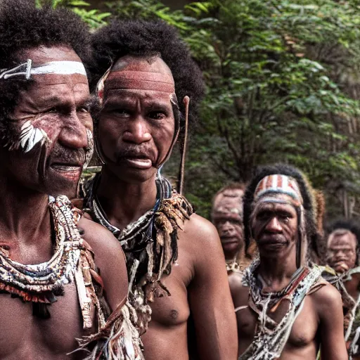 Prompt: detailed 4 k photorealistic papuan tribe walk in new york in the style of nick ut and eddie adams and margaret bourke and yousuf karshs and alfred eisenstaedt