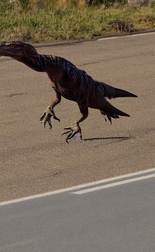 Prompt: a utahraptor running cross the road, realistic, 3 5 mm, 4 k