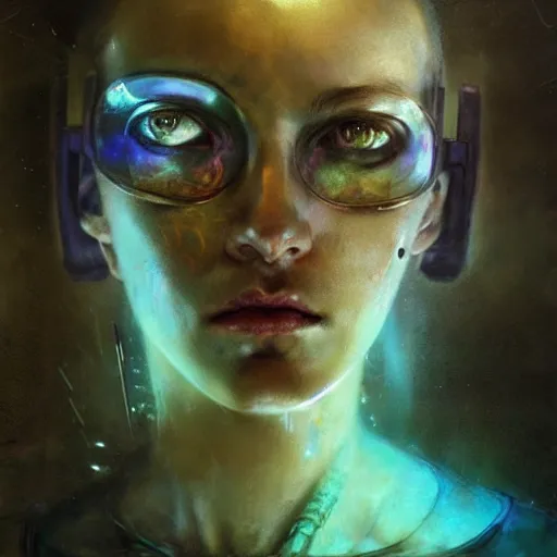 Image similar to female cyberpunk portrait by cy Twombly and BASTIEN LECOUFFE DEHARME, iridescent