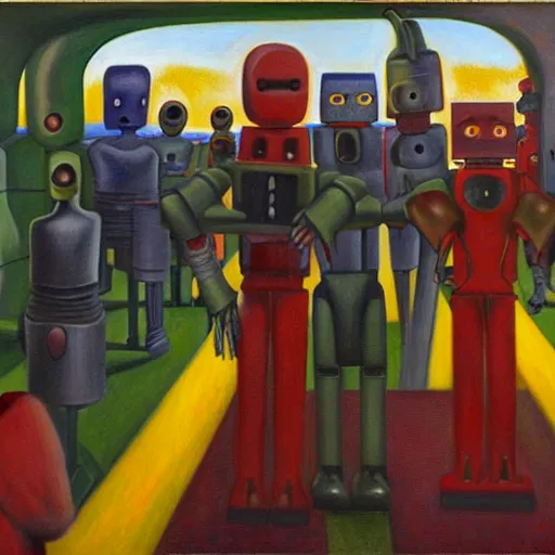 Prompt: robots herding humans, human subjugation, mind control, dystopian, pj crook, edward hopper, oil on canvas
