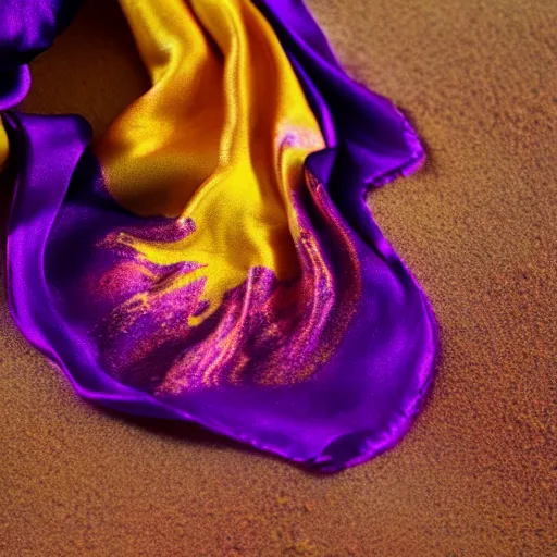 Prompt: purple silk scarf on yellow sand, vibrant colors, dreamy atmosphere, by rembrandt and max hay, intricate, detailed, photorealistic imagery, artstation