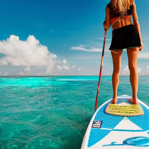 Image similar to a woman on a standup paddle board in the Maldives with a coconut drink, photo realistic, 8k