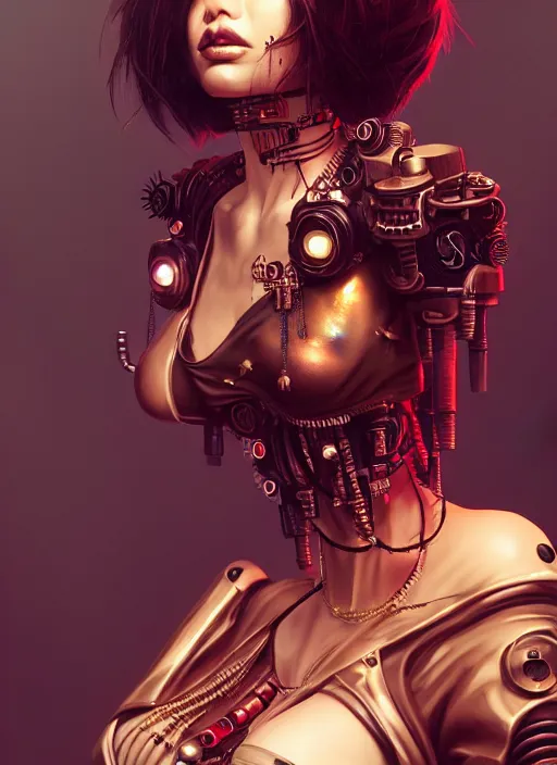 Image similar to soft lustrous ebony geisha seductive raver gutter punk steampunk cyborg, golden ratio, details, scifi, fantasy, cyberpunk city, intricate, decadent, highly detailed, octane render, digital painting, artstation, concept art, sharp focus, illustration, art by artgerm, loish, wlop