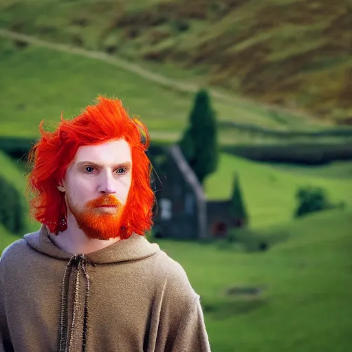 Prompt: man with fire - red hair, mischievous expression, bright green eyes, green cloak, holding a lute, small medieval village in the background, hyperrealism, annie liebovitz photography, 8 k