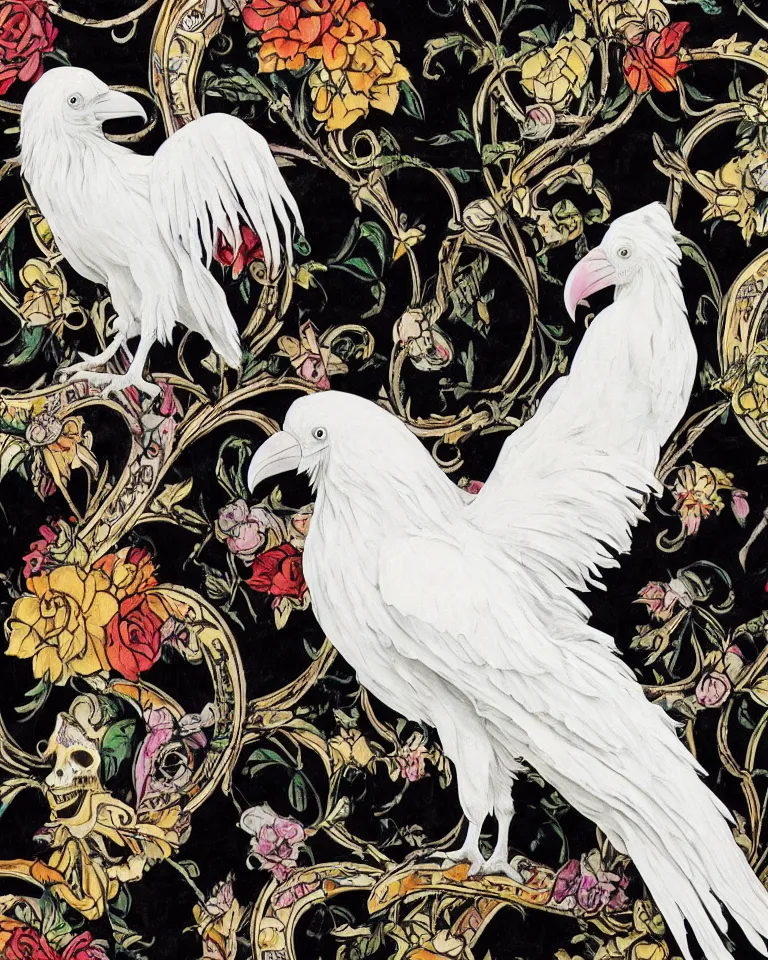 Prompt: photographic masterpiece of an albino raven standing on a colourful ornate skull on a black velvet table cloth, art nouveau wallpaper in background