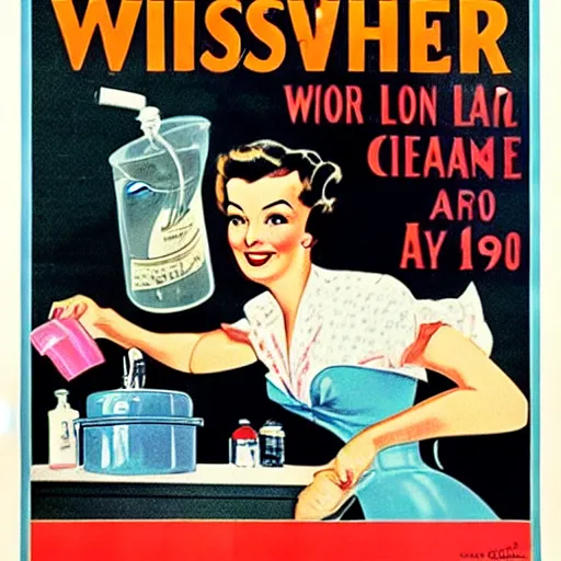 Image similar to a vintage poster of a 1 9 5 0's house wife washing money