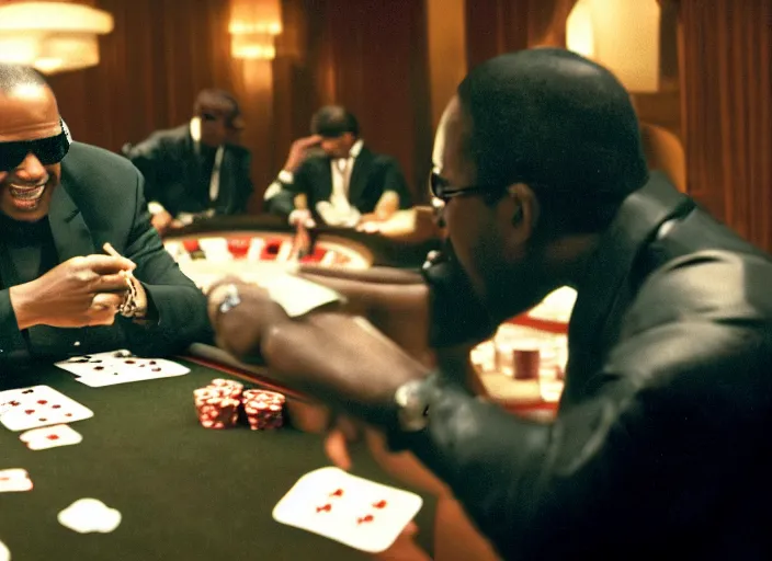 Image similar to film still of Stevie Wonder playing Poker in the new CASINO ROYAL movie, 8k