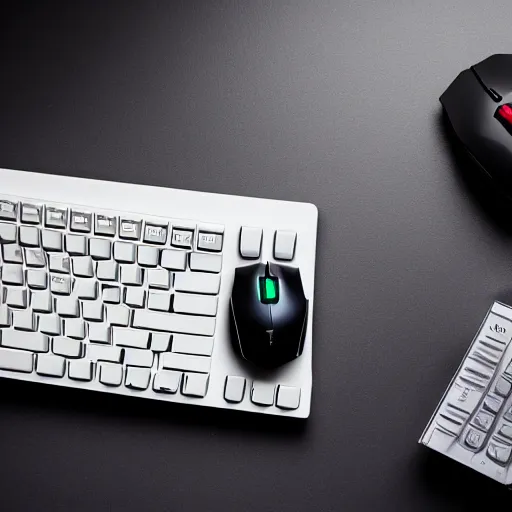 Image similar to top down photo of a desk with a gaming keyboard and gaming mouse on, photorealistic