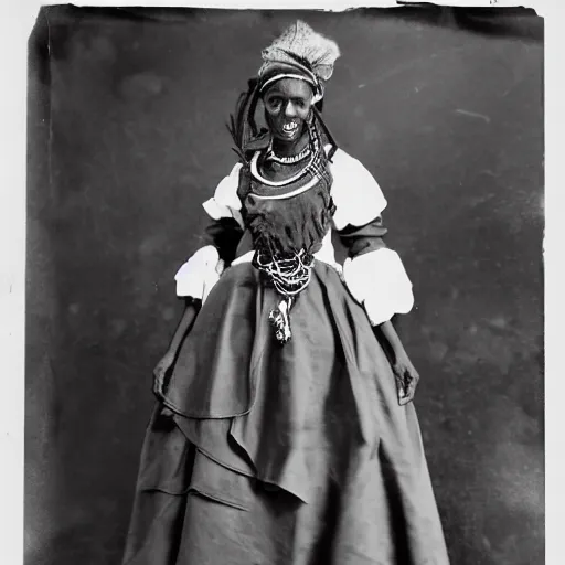 Prompt: old black and white picture of the face of the first time traveler, an east African woman wearing steampunk clothes and pointy heels