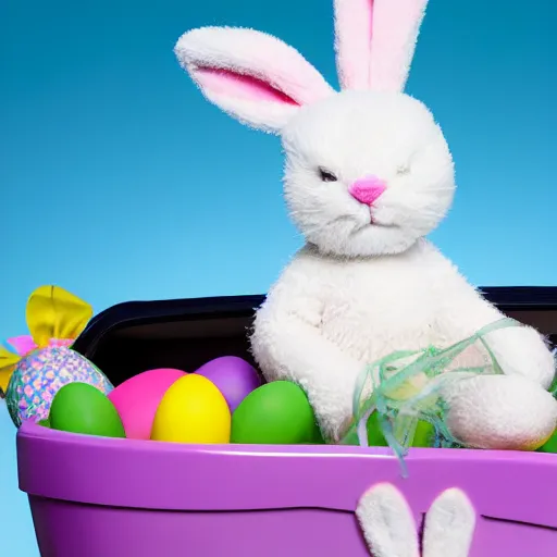 Image similar to easter bunny riding a convertible, studio photo, high quality