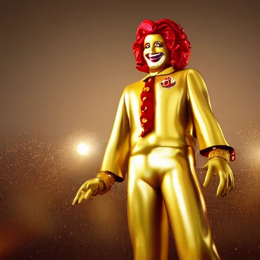 Image similar to A still of Ronald McDonald surrounded by gold and diamonds, Award-winning, photograph, 3d render, unreal engine, 4k detailed