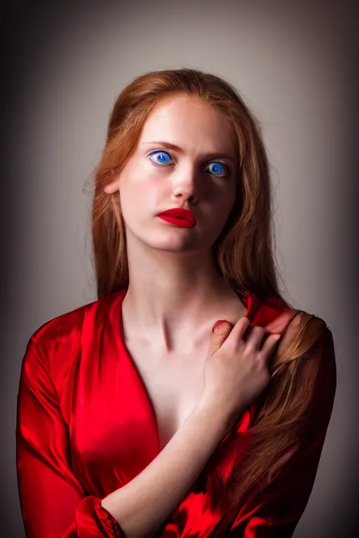 Prompt: a girl with cold blue eyes, standing in a dark room under the bright lighting of cold lamps, in bright red silk clothes golden ratio, by james jean, medium close - up, perfect composition, dramatic, medium close - up ( mcu ), cannon ef 6 5 mm f / 2. 8