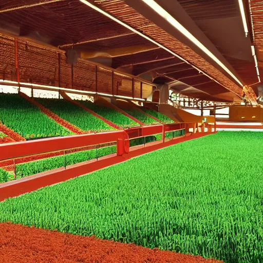 Image similar to a farm inside of a stadium, hyperrealistc, solarpunk, utopian socialism, detailed, 4K, cinematic