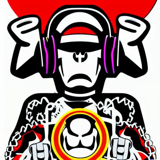 Prompt: svg vector sticker of absolutely insane-mad-robotic-hero-villain, rocking out, wearing headphones, huge speakers, dancing, rave, DJ, spinning records, digital art, amazing composition, rule-of-thirds, award-winning, trending on artstation, featured on deviantart