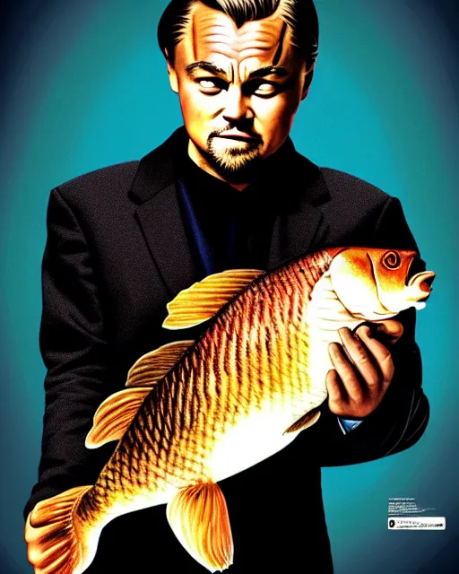 Image similar to photograph of leonardo dicaprio holding a carp in his both hands. movie poster, illustration by bartek fedyczak, erak note, tooth wu, neil richards, kan liu, siwoo kim, jisu choe, trending on art station