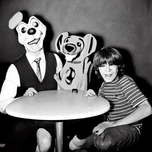 Prompt: 1 9 7 0 s polaroid portrait photograph of live actioin scooby doo and shaggy eating 6 foot tall sandwiches in wetherspoons