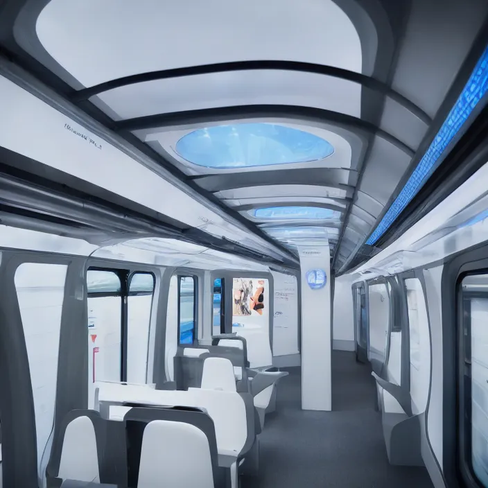 Prompt: futuristic train designed by apple, natural light, detailed, canon eos c 3 0 0, ƒ 1. 8, 3 5 mm, 8 k, medium - format print, blue light accents